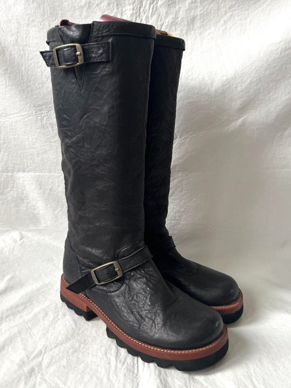 Jim Barnier boots black leather womens 8 textured moto engineer chunky tall